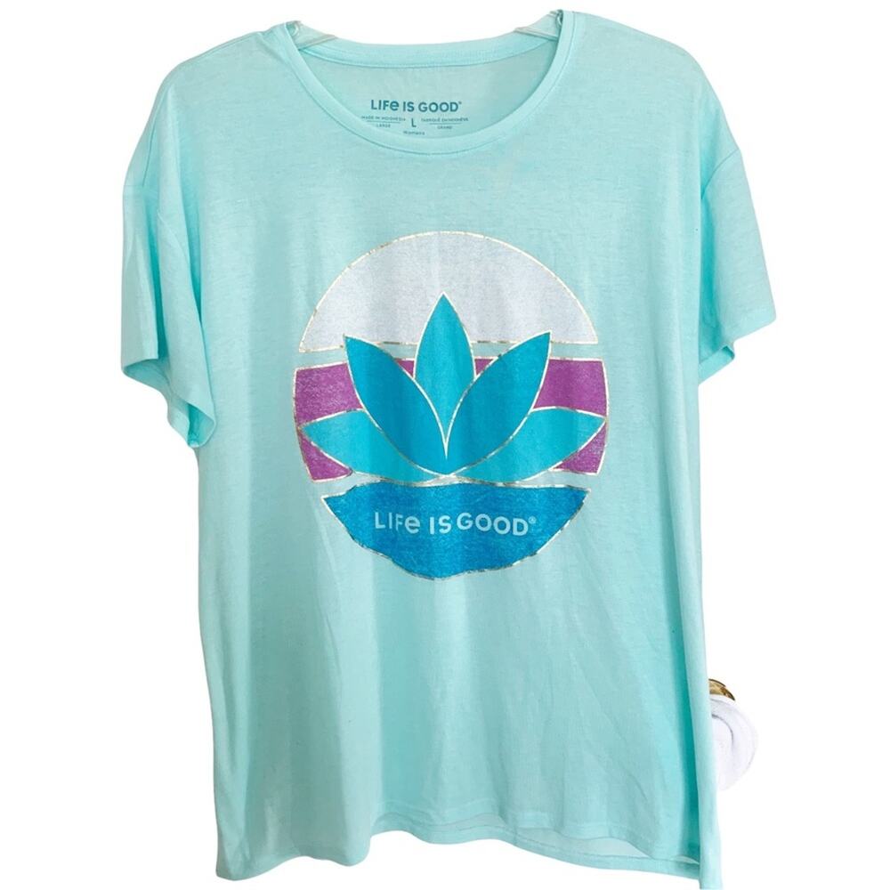 Life Is Good Turquoise Lotus Flower Graphic Tee Large